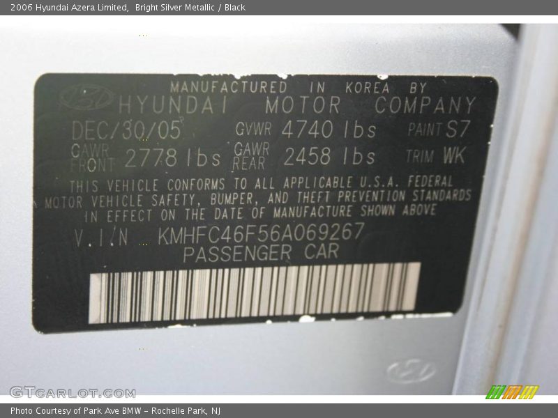Bright Silver Metallic / Black 2006 Hyundai Azera Limited