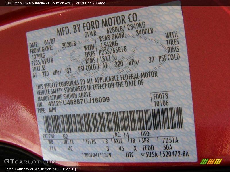 Vivid Red / Camel 2007 Mercury Mountaineer Premier AWD