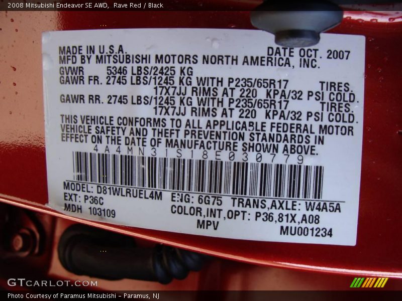 Rave Red / Black 2008 Mitsubishi Endeavor SE AWD