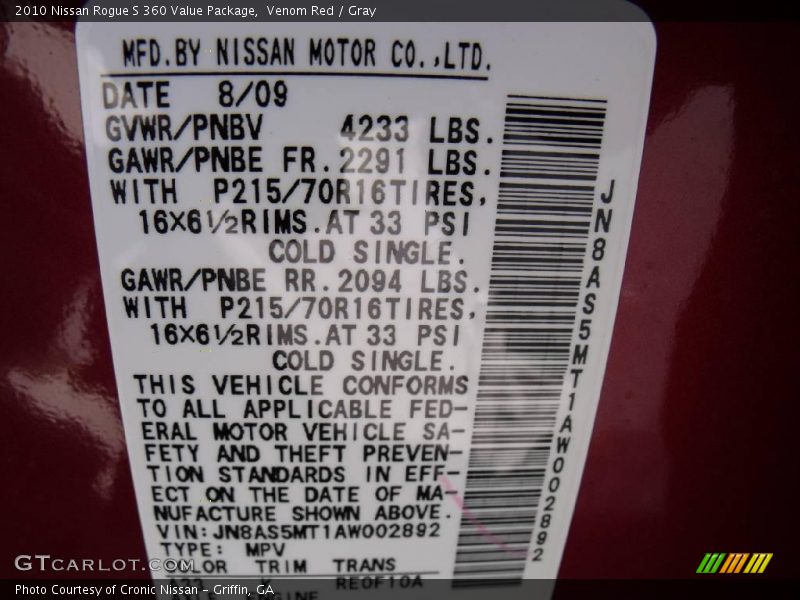 Venom Red / Gray 2010 Nissan Rogue S 360 Value Package