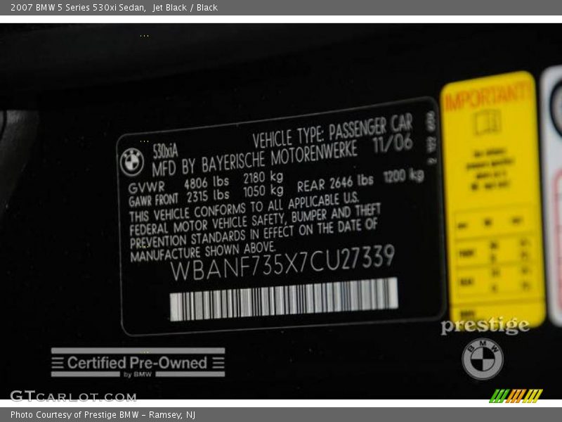 Jet Black / Black 2007 BMW 5 Series 530xi Sedan