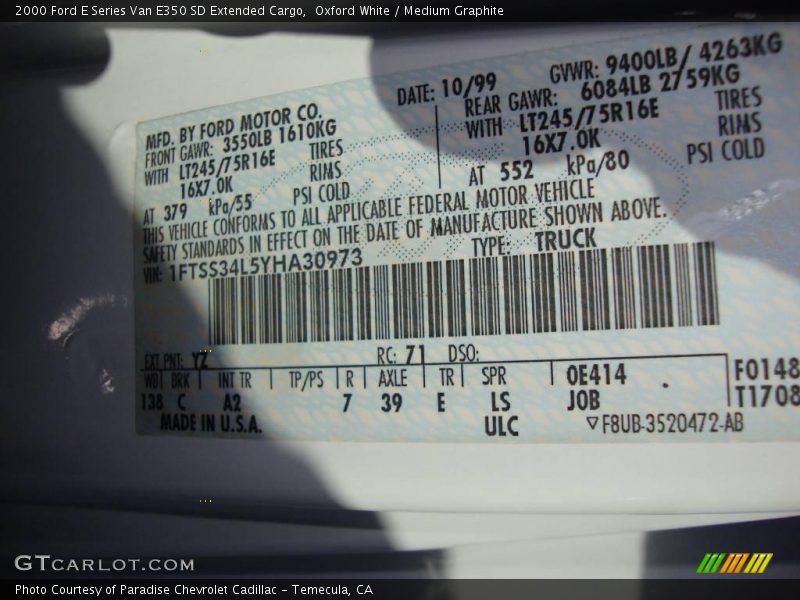Oxford White / Medium Graphite 2000 Ford E Series Van E350 SD Extended Cargo