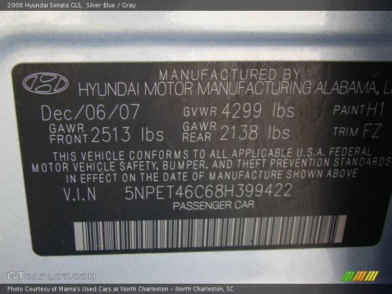 Silver Blue / Gray 2008 Hyundai Sonata GLS