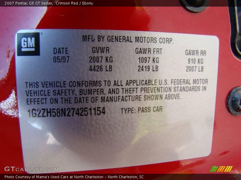 Crimson Red / Ebony 2007 Pontiac G6 GT Sedan