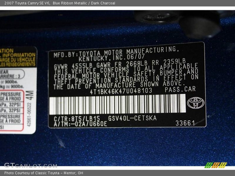 Blue Ribbon Metallic / Dark Charcoal 2007 Toyota Camry SE V6