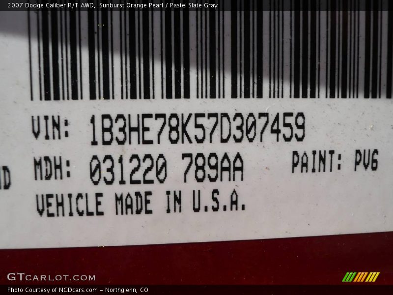 2007 Caliber R/T AWD Sunburst Orange Pearl Color Code PV6