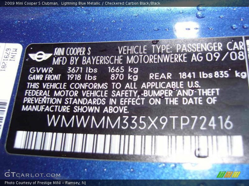 Lightning Blue Metallic / Checkered Carbon Black/Black 2009 Mini Cooper S Clubman