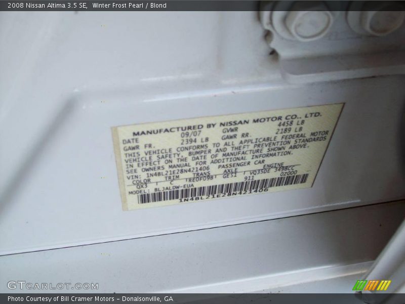 Winter Frost Pearl / Blond 2008 Nissan Altima 3.5 SE