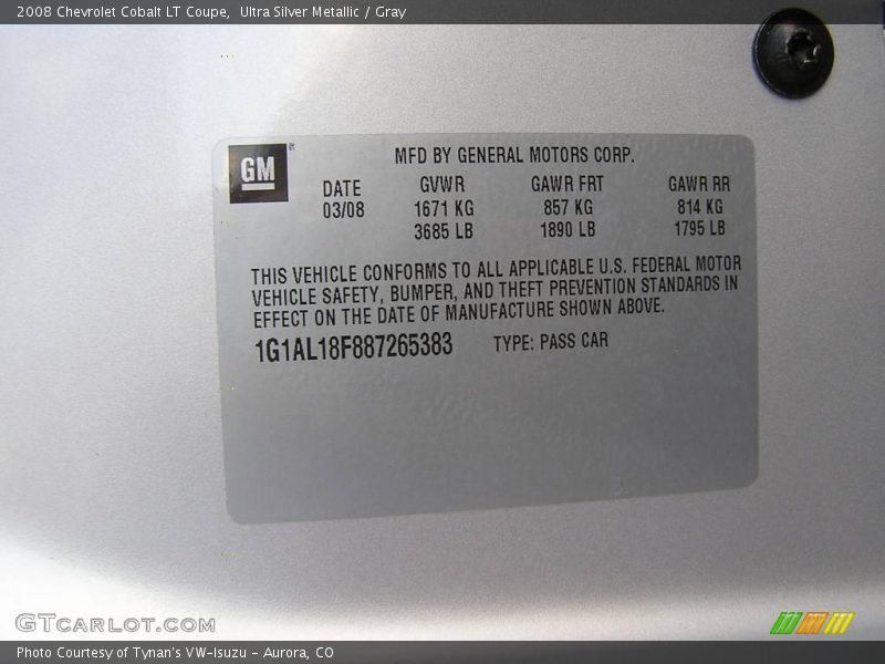 Ultra Silver Metallic / Gray 2008 Chevrolet Cobalt LT Coupe