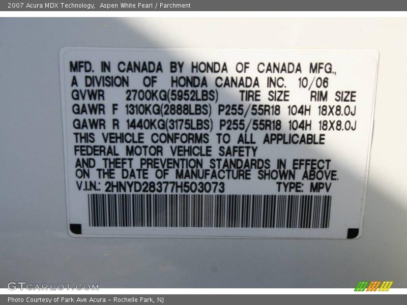 Aspen White Pearl / Parchment 2007 Acura MDX Technology