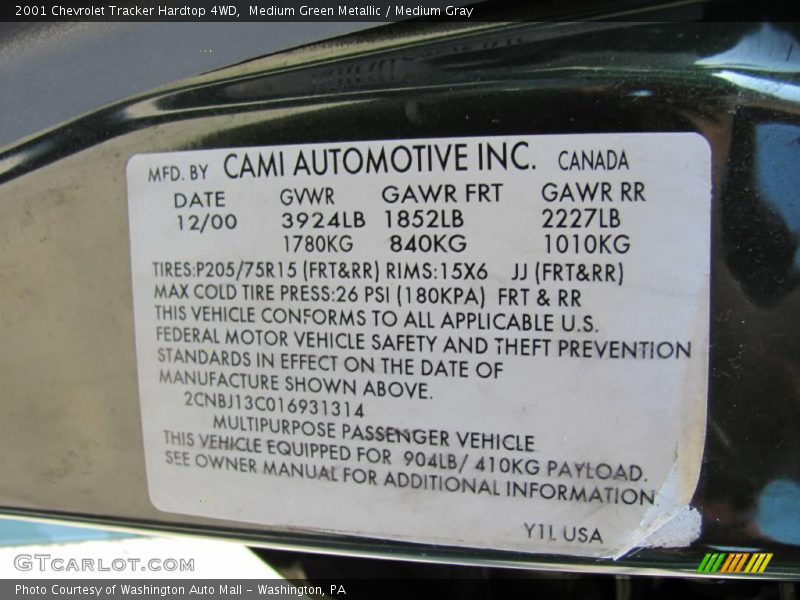 Medium Green Metallic / Medium Gray 2001 Chevrolet Tracker Hardtop 4WD