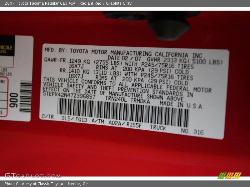 Radiant Red / Graphite Gray 2007 Toyota Tacoma Regular Cab 4x4