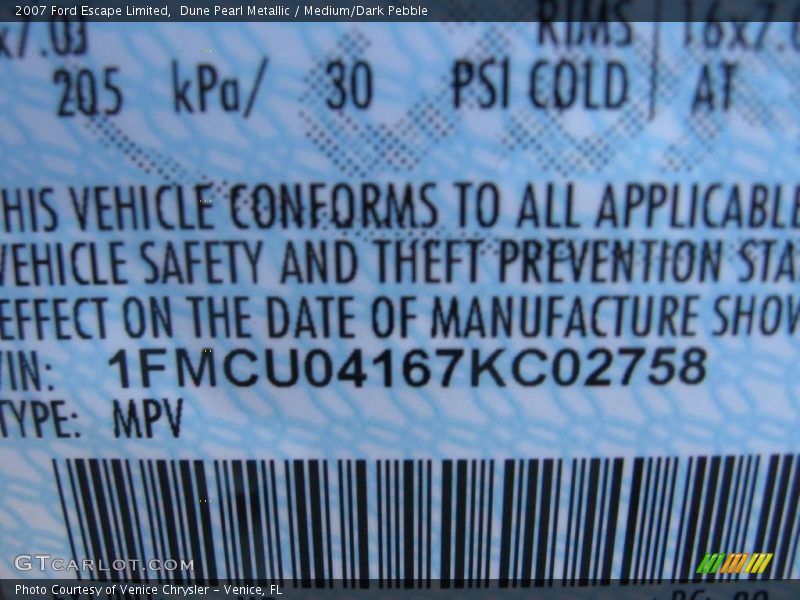 Dune Pearl Metallic / Medium/Dark Pebble 2007 Ford Escape Limited