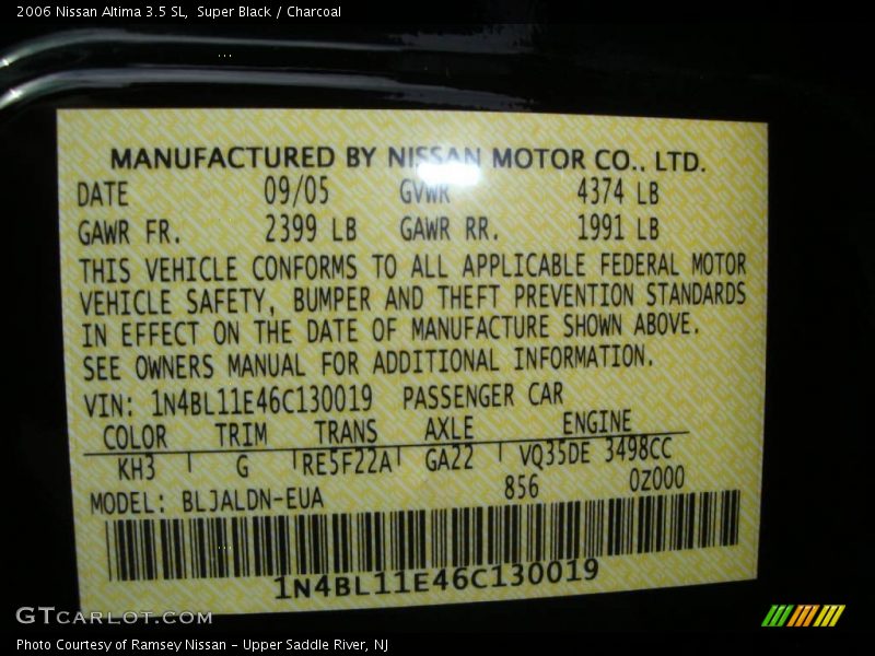 Super Black / Charcoal 2006 Nissan Altima 3.5 SL