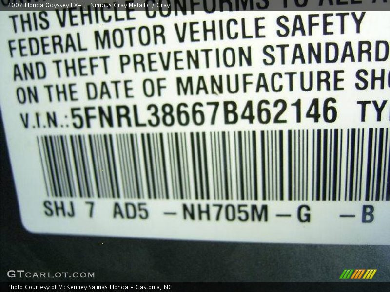 Nimbus Gray Metallic / Gray 2007 Honda Odyssey EX-L