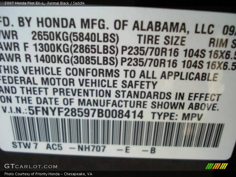 Formal Black / Saddle 2007 Honda Pilot EX-L