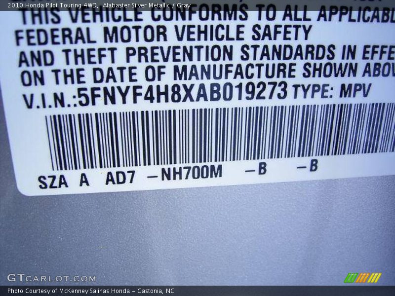 Alabaster Silver Metallic / Gray 2010 Honda Pilot Touring 4WD