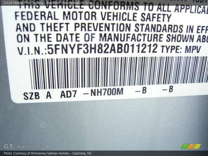 Alabaster Silver Metallic / Gray 2010 Honda Pilot Touring