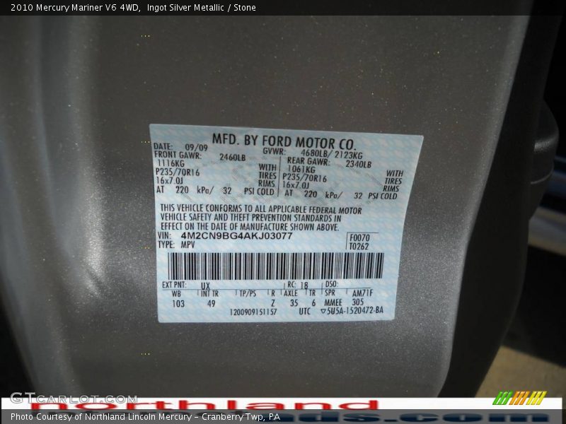 Ingot Silver Metallic / Stone 2010 Mercury Mariner V6 4WD