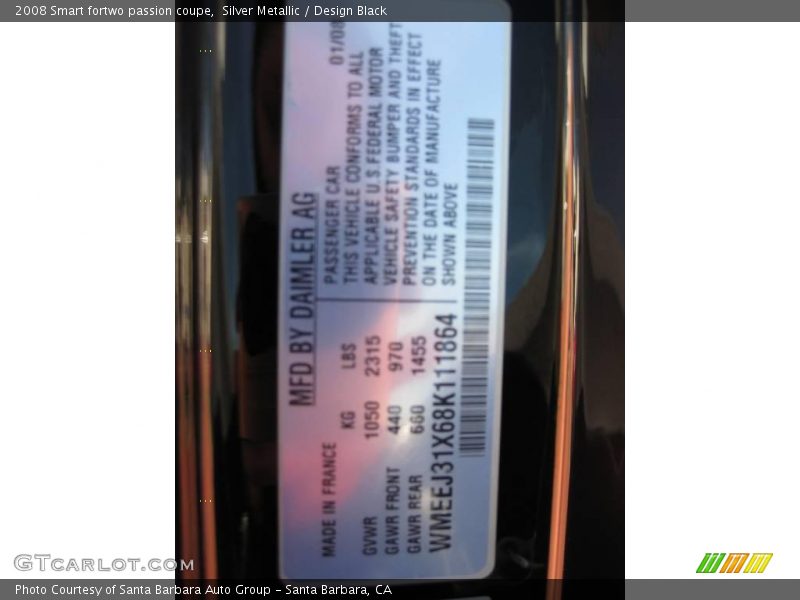Silver Metallic / Design Black 2008 Smart fortwo passion coupe