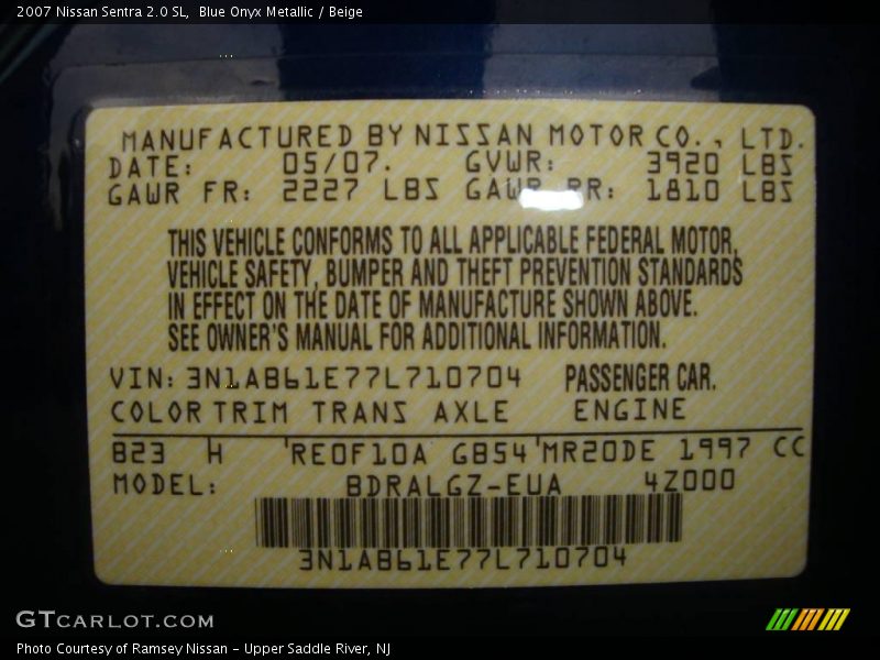 Blue Onyx Metallic / Beige 2007 Nissan Sentra 2.0 SL