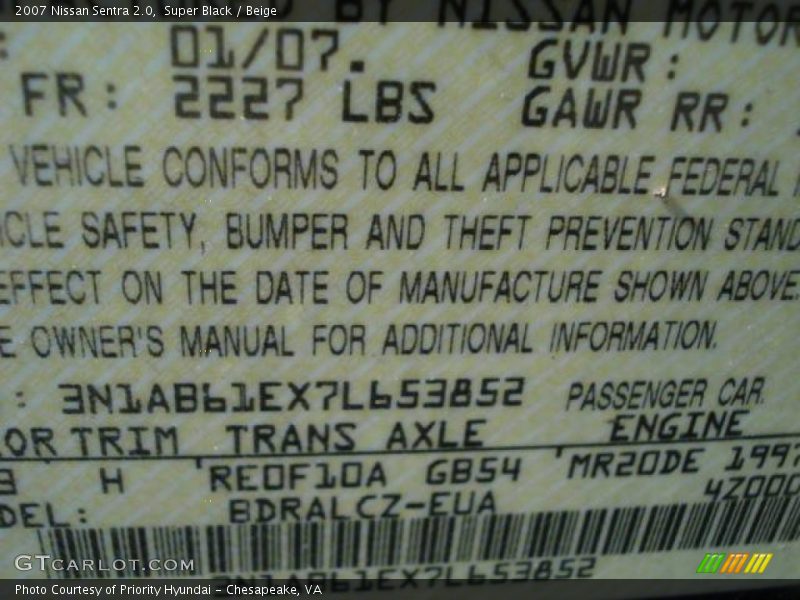 Super Black / Beige 2007 Nissan Sentra 2.0