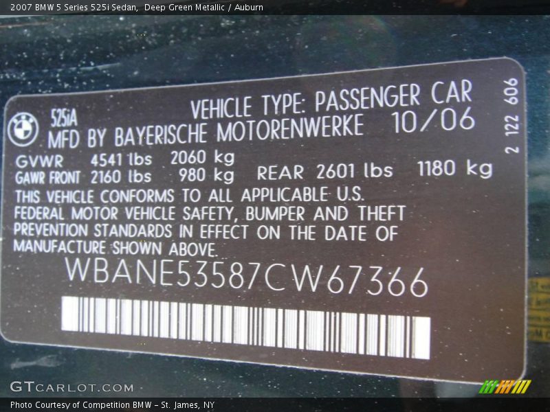 Deep Green Metallic / Auburn 2007 BMW 5 Series 525i Sedan
