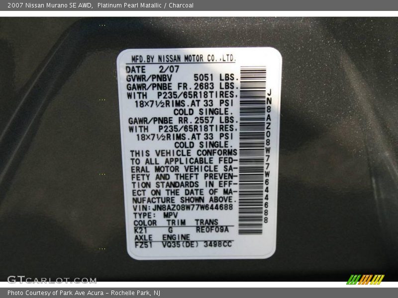 Platinum Pearl Matallic / Charcoal 2007 Nissan Murano SE AWD