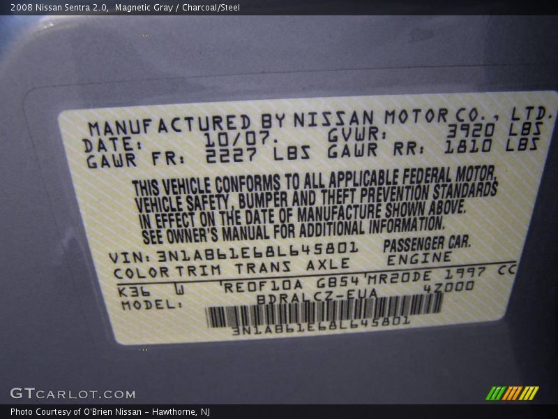 Magnetic Gray / Charcoal/Steel 2008 Nissan Sentra 2.0