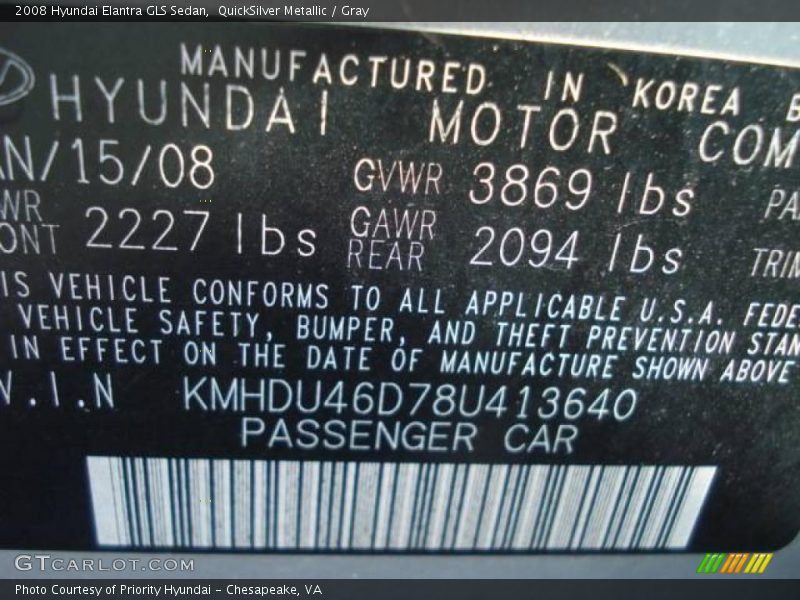 QuickSilver Metallic / Gray 2008 Hyundai Elantra GLS Sedan