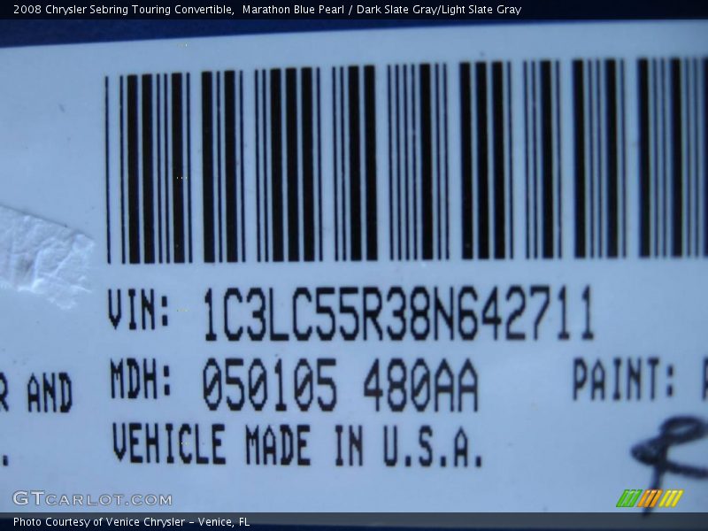 Marathon Blue Pearl / Dark Slate Gray/Light Slate Gray 2008 Chrysler Sebring Touring Convertible