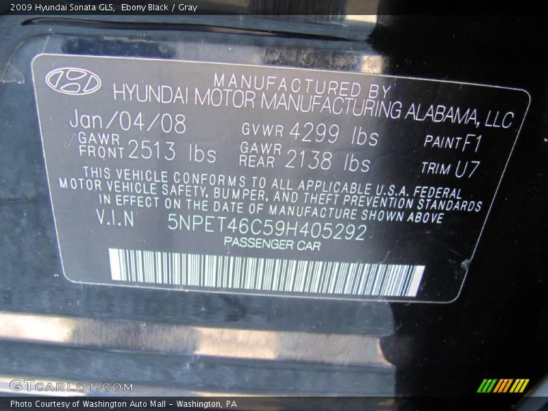 Ebony Black / Gray 2009 Hyundai Sonata GLS