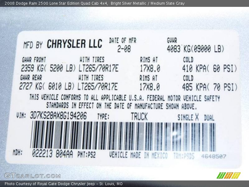 Bright Silver Metallic / Medium Slate Gray 2008 Dodge Ram 2500 Lone Star Edition Quad Cab 4x4