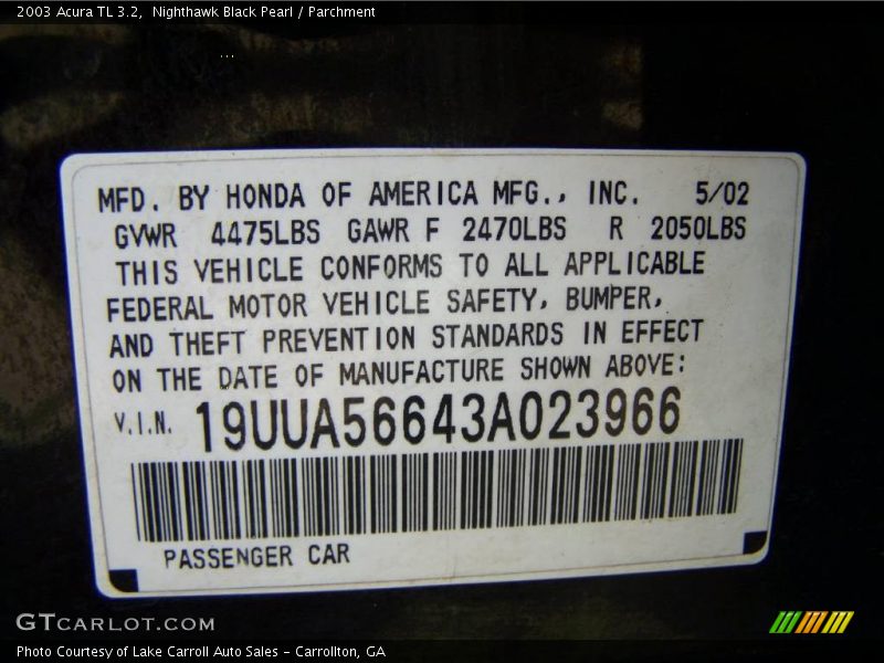 Nighthawk Black Pearl / Parchment 2003 Acura TL 3.2