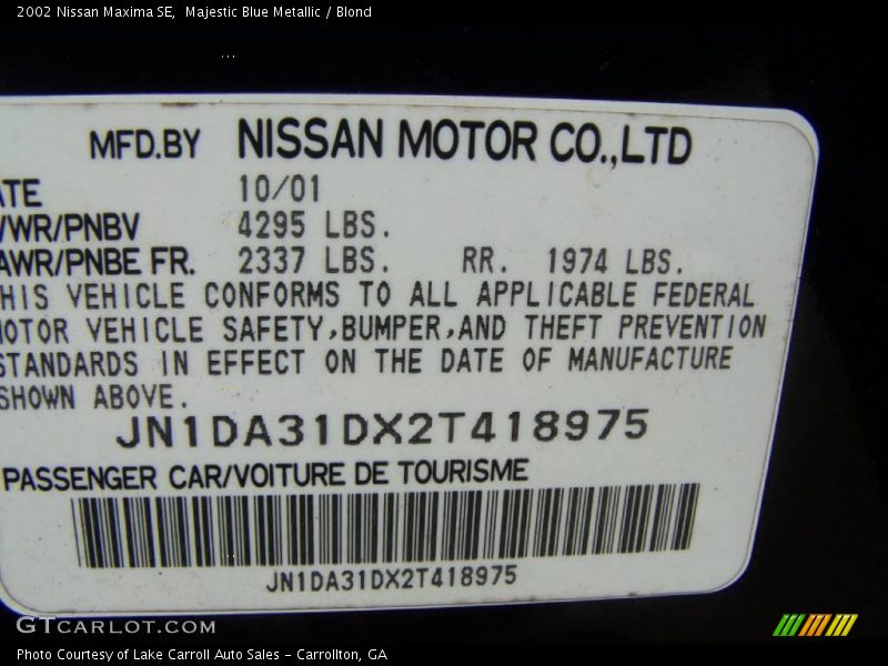 Majestic Blue Metallic / Blond 2002 Nissan Maxima SE
