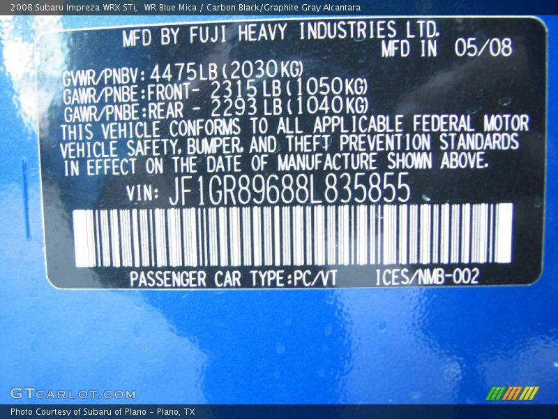 WR Blue Mica / Carbon Black/Graphite Gray Alcantara 2008 Subaru Impreza WRX STi