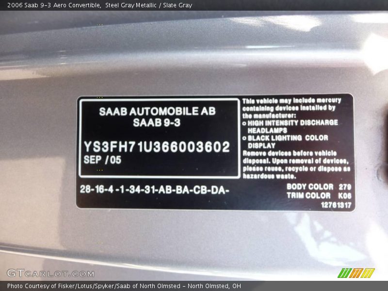 Steel Gray Metallic / Slate Gray 2006 Saab 9-3 Aero Convertible