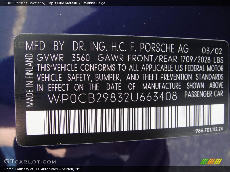 Lapis Blue Metallic / Savanna Beige 2002 Porsche Boxster S