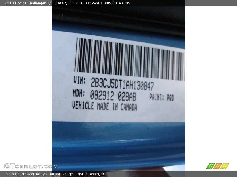 B5 Blue Pearlcoat / Dark Slate Gray 2010 Dodge Challenger R/T Classic