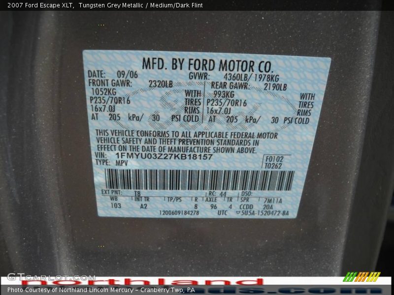Tungsten Grey Metallic / Medium/Dark Flint 2007 Ford Escape XLT