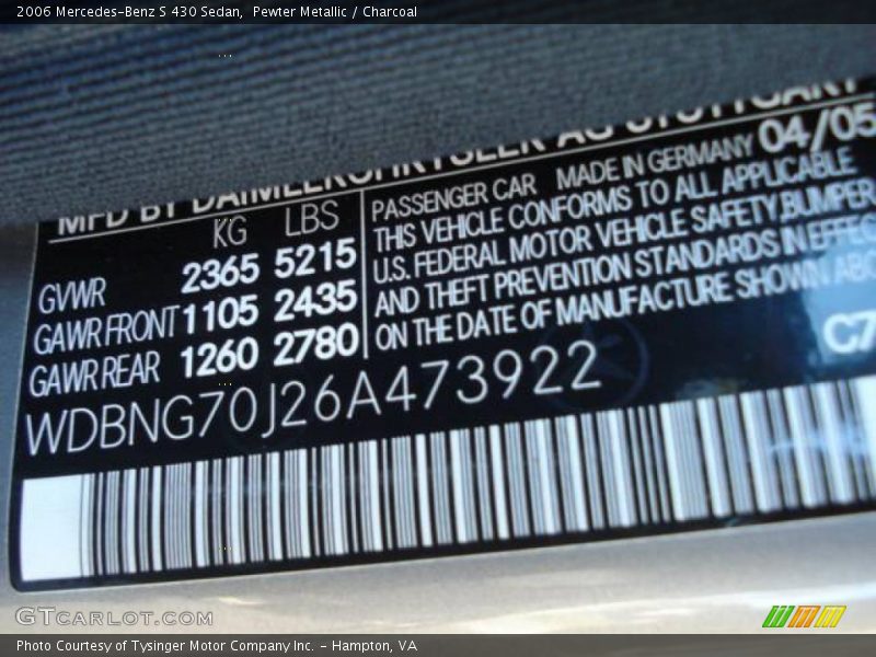 Pewter Metallic / Charcoal 2006 Mercedes-Benz S 430 Sedan
