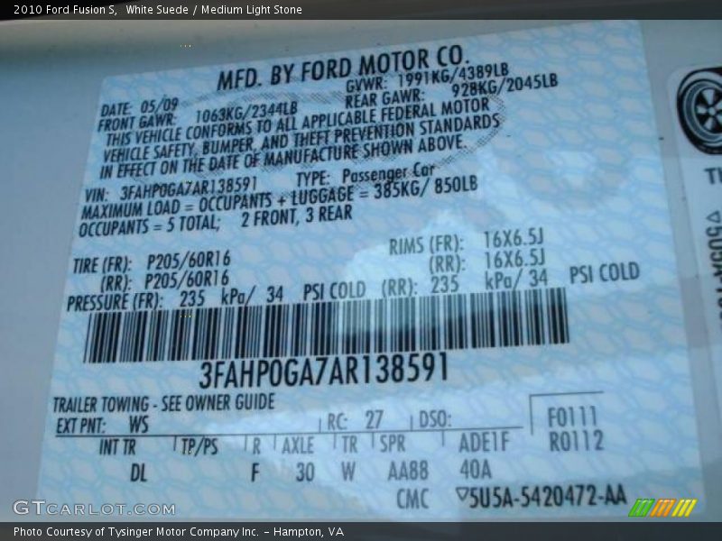 White Suede / Medium Light Stone 2010 Ford Fusion S