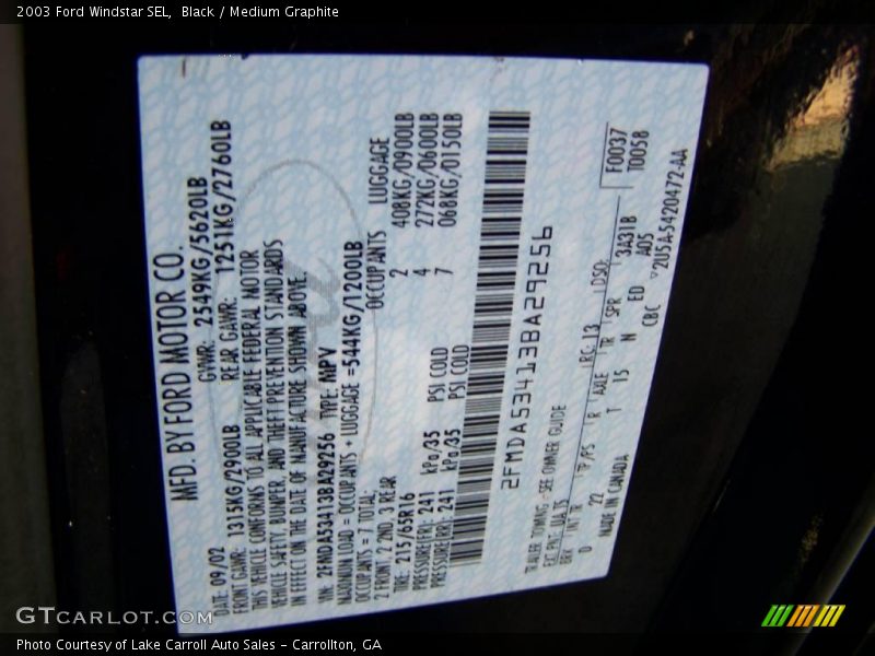 Black / Medium Graphite 2003 Ford Windstar SEL