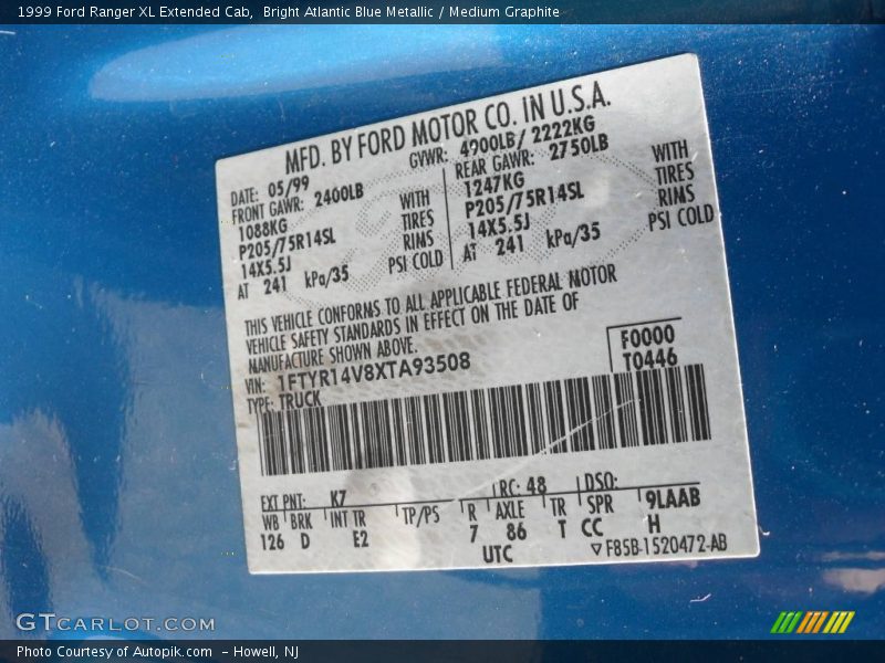 Bright Atlantic Blue Metallic / Medium Graphite 1999 Ford Ranger XL Extended Cab