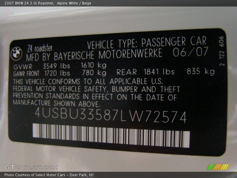 Alpine White / Beige 2007 BMW Z4 3.0i Roadster