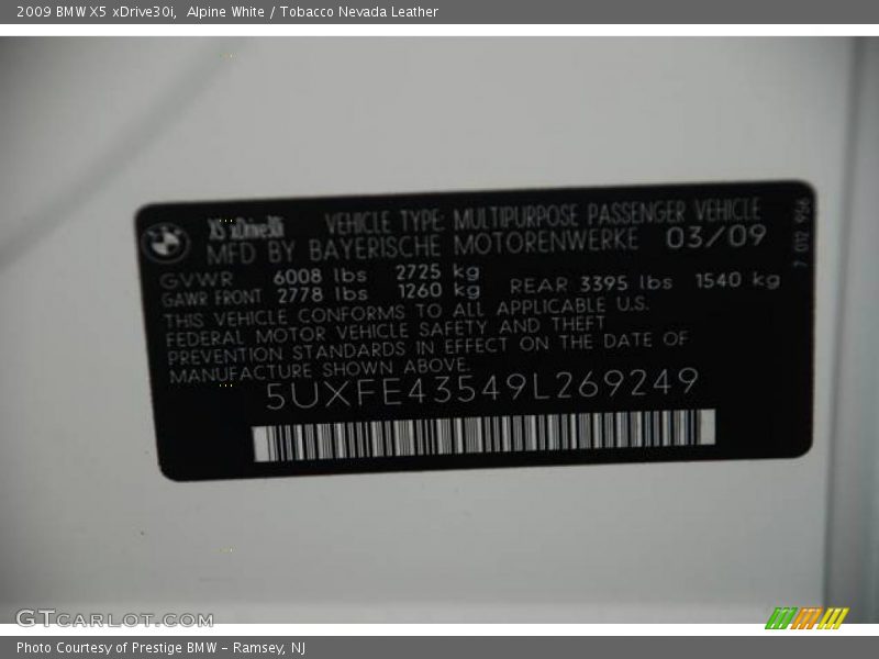 Alpine White / Tobacco Nevada Leather 2009 BMW X5 xDrive30i