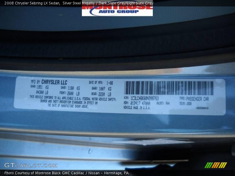 Silver Steel Metallic / Dark Slate Gray/Light Slate Gray 2008 Chrysler Sebring LX Sedan