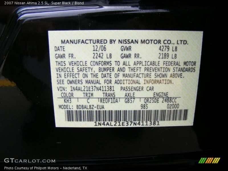 Super Black / Blond 2007 Nissan Altima 2.5 SL