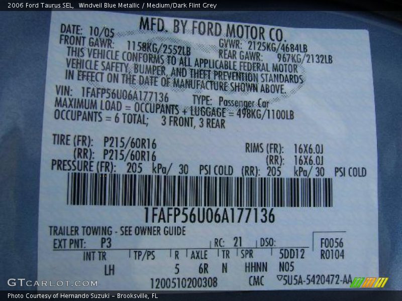 Windveil Blue Metallic / Medium/Dark Flint Grey 2006 Ford Taurus SEL