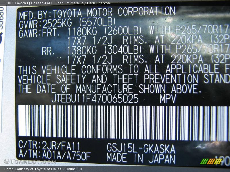 Titanium Metallic / Dark Charcoal 2007 Toyota FJ Cruiser 4WD